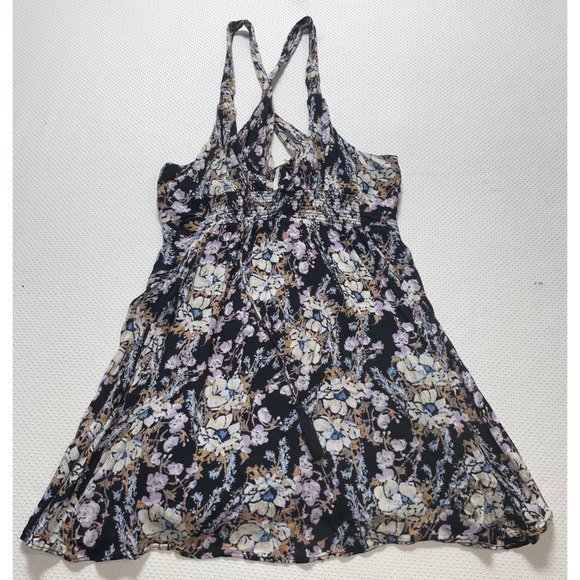Free People Floral Mini Dress‎ Smocked Criss Cross Back Black Size Small Petite - Picture 1 of 3